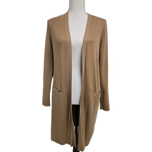 Lauren Ralph Lauren Ribbed Long Cardigan Pockets Beige Brown Stretch Women’s M - Picture 1 of 10